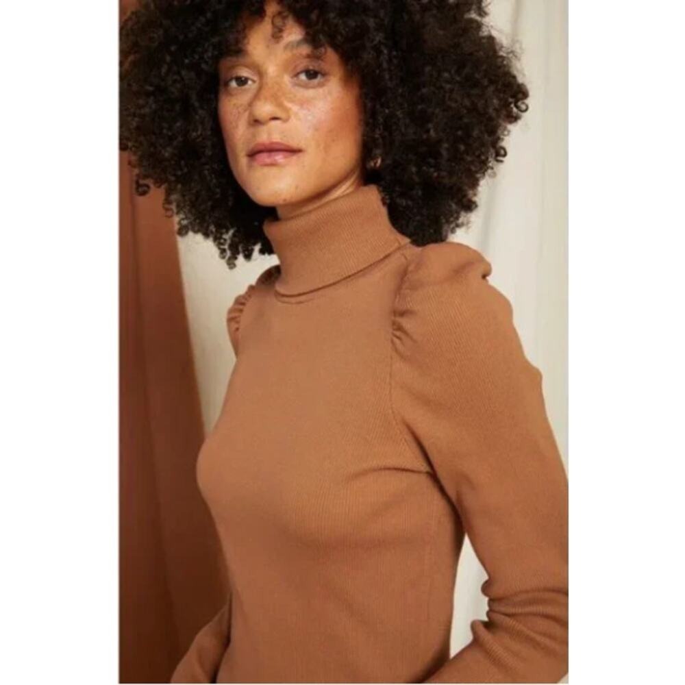 AMO Ribbed Turtleneck Puff‎ Sleeve Knit Top Brown Made in USA Size S